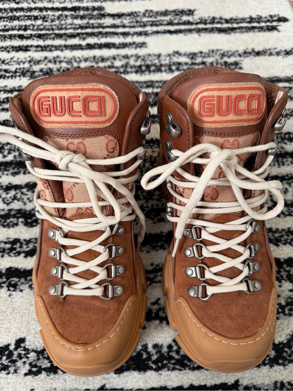 Gucci Brown and Cream Suede Hiking Boots with Red Logo